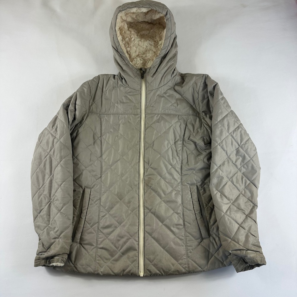 Columbia Quilted Fleece Lined Hooded Jacket Women's Large Tan - Picture 1 of 14